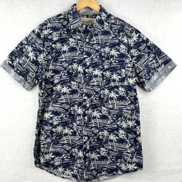 Coastal Hawaiian Tiki Blue Island Luau Camp Casual Shirt Mens Blue‎ Floral Large - Picture 1 of 7